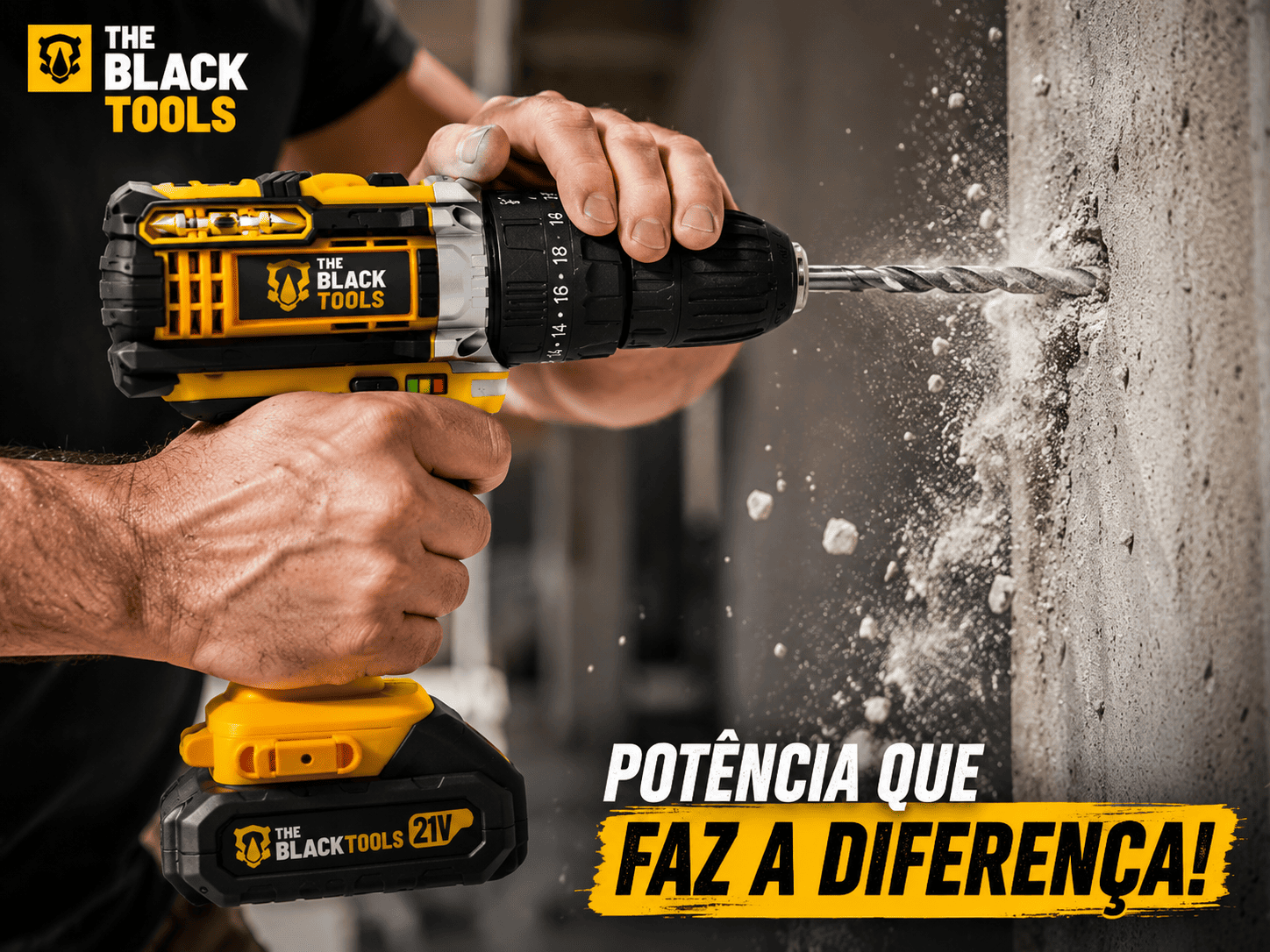 The Black Tools TB-21PX em uso perfurando parede tijolo brocas