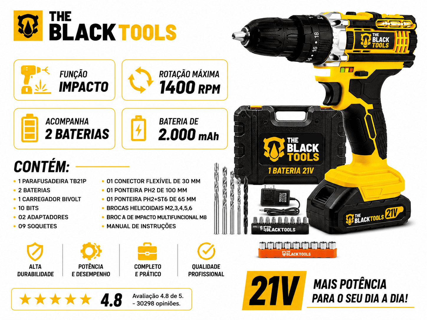The Black Tools TB-21PX ficha técnica especificações motor 21V mandril 3/8 LED