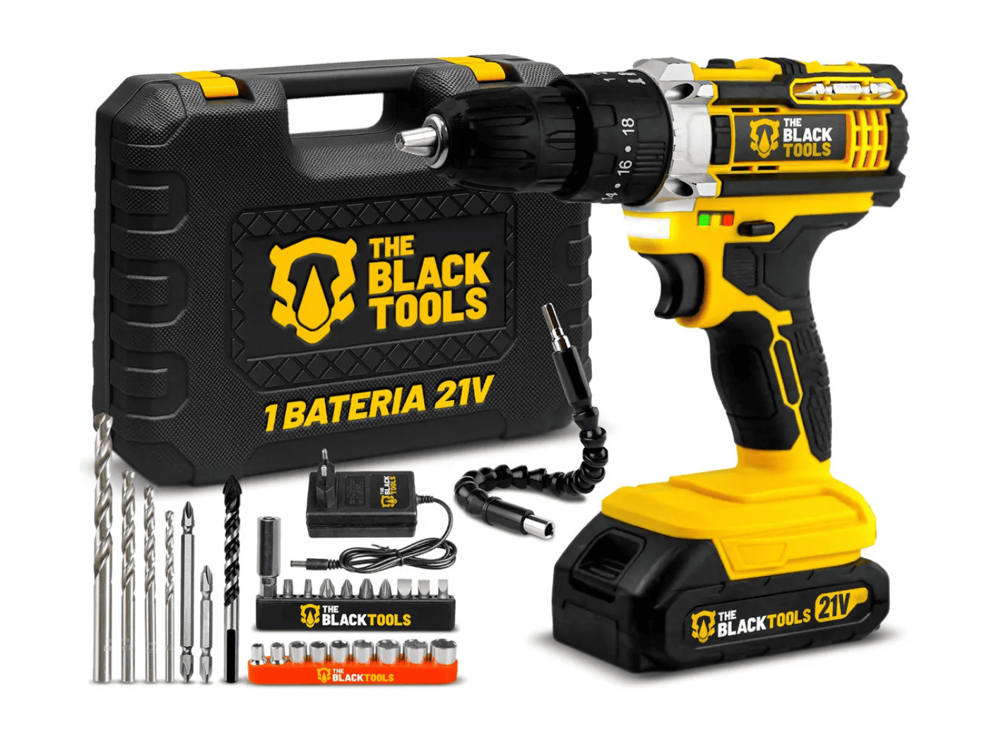 The Black Tools TB-21PW — parafusadeira furadeira de impacto 21V com 1 bateria, maleta e kit completo