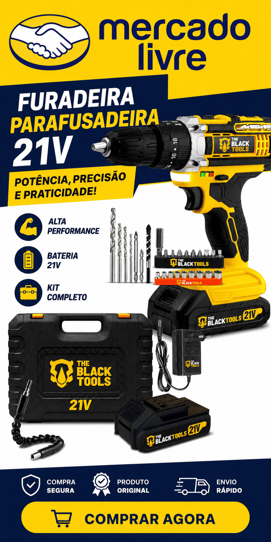 Parafusadeira Furadeira De Impacto The Black Tools Profissional TB-21PX 2 Baterias Com Maleta 60Hz Amarelo