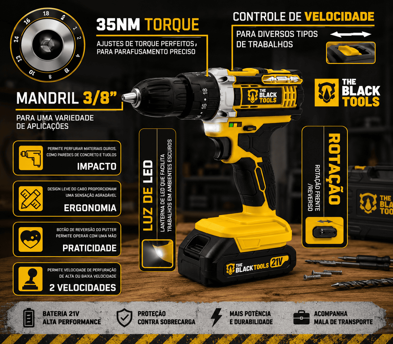 The Black Tools TB-21PW 18 posições torque seletor velocidade LED bateria
