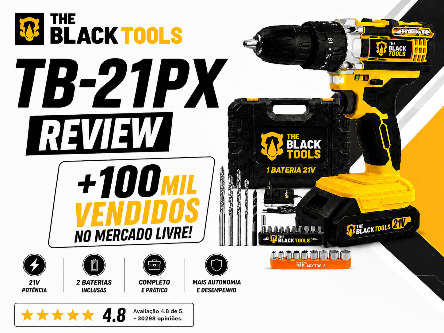The Black Tools TB-21PX parafusadeira furadeira impacto 21V 2 baterias kit completo maleta