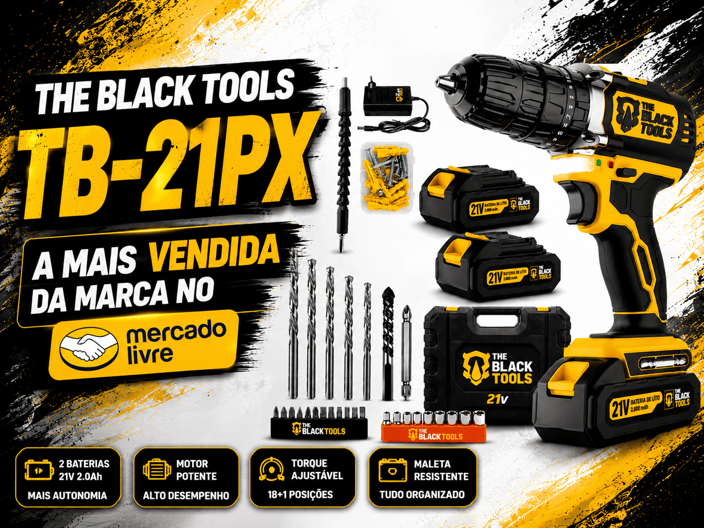 The Black Tools TB-21PX parafusadeira furadeira impacto 21V 2 baterias kit maleta