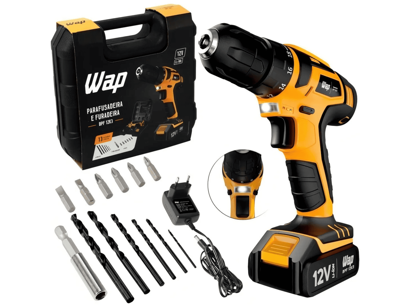 WAP BPF 12K3 — parafusadeira 12V com kit completo: maleta, bits, brocas e extensor